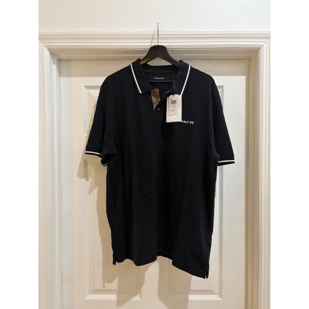 NWT Coach Signature Trim Polo Shirt Black Men's XL 100% Cotton Logo Short Sleeve
